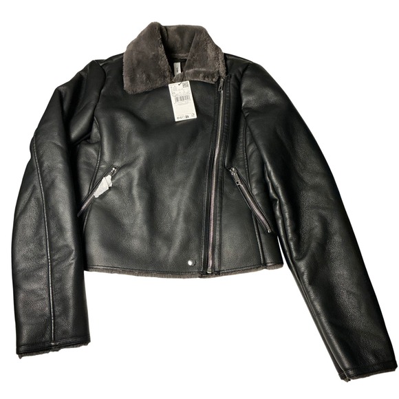 Mango Woman XS Black Faux Leather Jacket Motorcycle Biker Faux Fur Collar - Picture 1 of 8